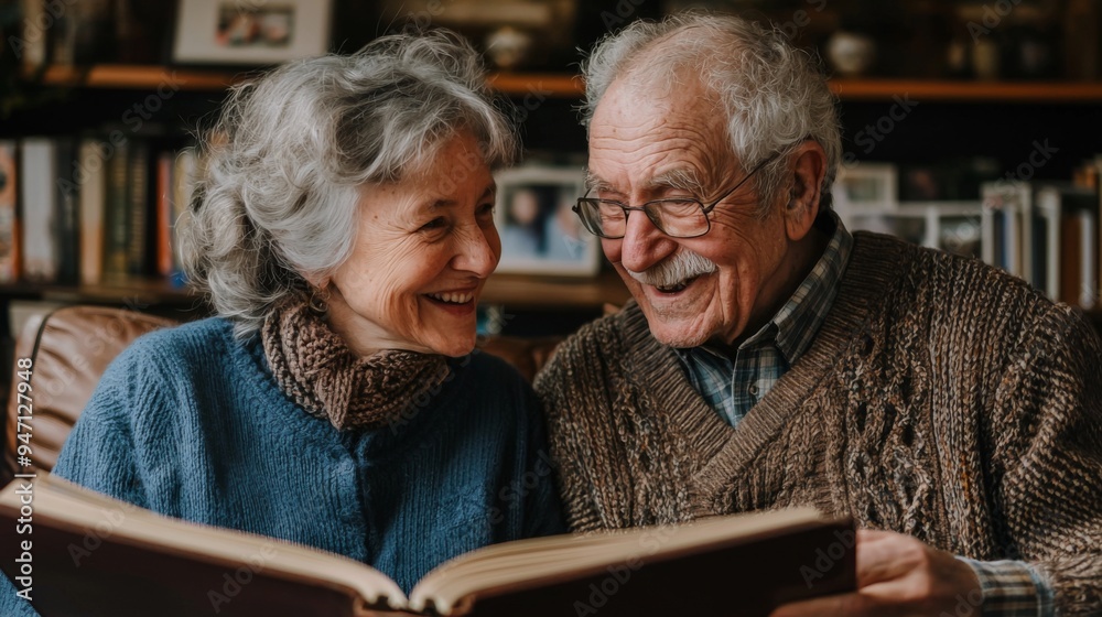 Elderly couple sharing a laugh over old photo albums, joyful and nostalgic moment Elderly couple sharing a laugh over old photo albums, joyful and nostalgic moment