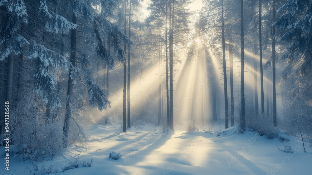 Sunlight streams through tall evergreen trees in a serene winter forest, casting long shadows on the snowy ground at dawn Sunlight streams through tall evergreen trees in a serene winter forest, casting long shadows on the snowy ground at dawn