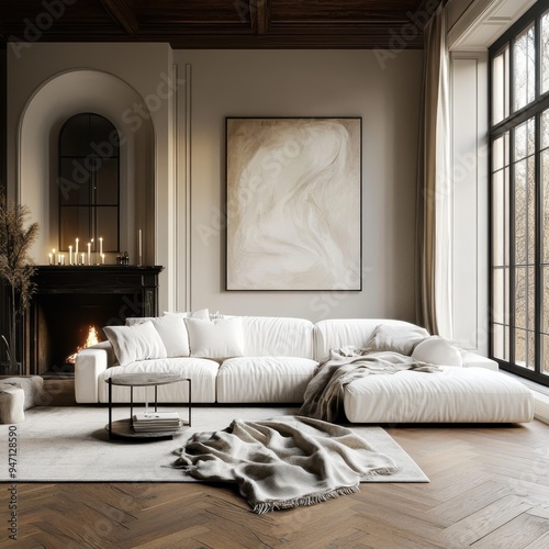 Elegant living room, modern interior design, white comfortable sofa, cozy blanket, large windows, natural light, wooden floor, contemporary abstract painting, dark fireplace, minimalist decor, high ce photo