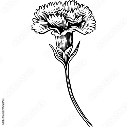 Hand drawn Carnation Flower Sketch Illustration Engraving Woodcut Vintage Style