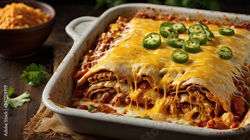 A sumptuously layered Chicken Enchilada Bake
