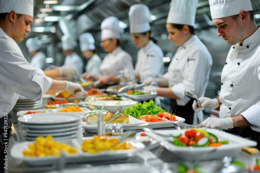 Group of professional chefs cooking in a modern kitchen Group of professional chefs cooking in a modern kitchen