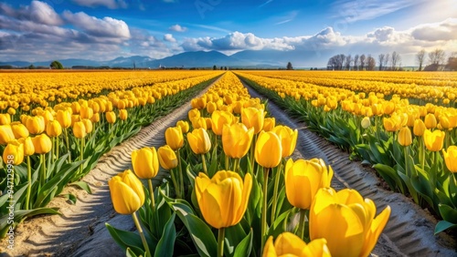 Vibrant yellow tulip fields blooming beautifully in the spring , colorful, flowers, nature, landscape, springtime, vivid