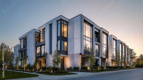 modern architecture, contemporary townhouse, sleek design, large windows, twilight, evening lighting, minimalism, urban living, elegant facade, clean lines, landscaped surroundings, exterior view, lux