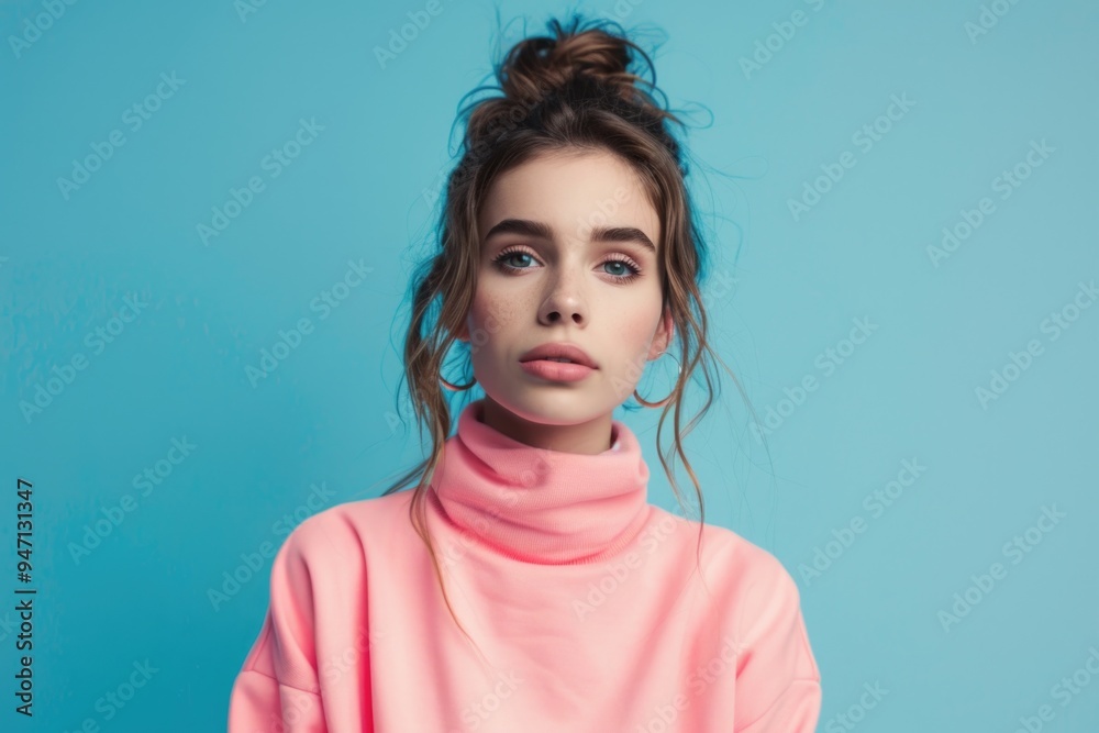 A woman wearing a pink turtle neck sweater, simple and stylish A woman wearing a pink turtle neck sweater, simple and stylish