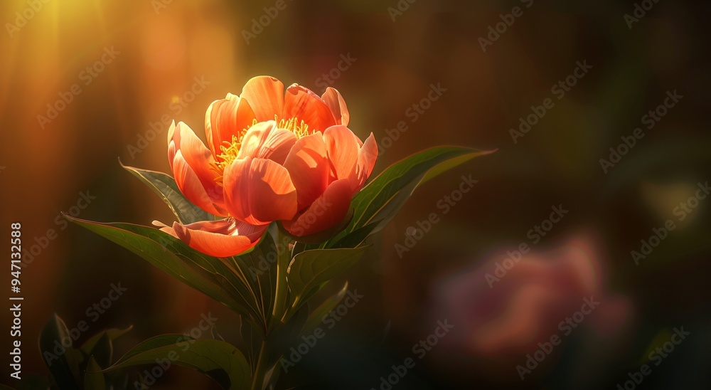 Obraz premium Vibrant red peony flower blooming in the golden light