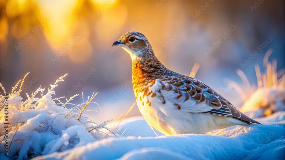Photograph a majestic Willows Ptarmigan, feathers subtly illuminated by soft snowfall, blending into the winter landscape, while a hint of misty blue sky above Photograph a majestic Willows Ptarmigan, feathers subtly illuminated by soft snowfall, blending into the winter landscape, while a hint of misty blue sky above
