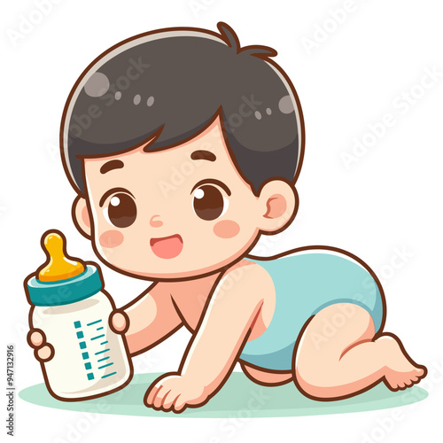 A cartoon baby holding a bottle. The baby is laying on the ground