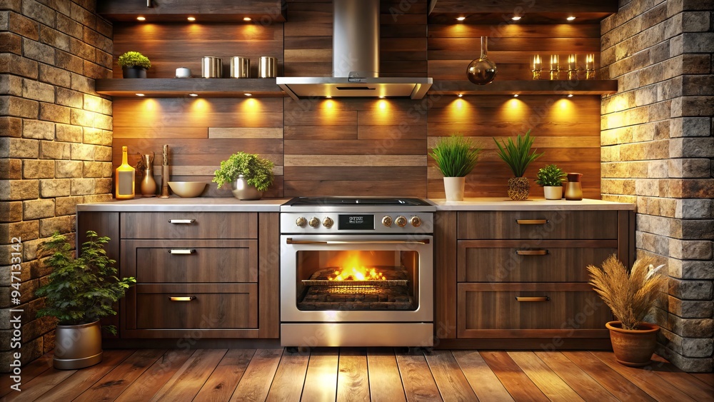 Rich brown tones and rustic wood blend with modern steel accents as electric oven radiates warm light, inviting candid moments of culinary creation beneath cozy ambiance. Rich brown tones and rustic wood blend with modern steel accents as electric oven radiates warm light, inviting candid moments of culinary creation beneath cozy ambiance.