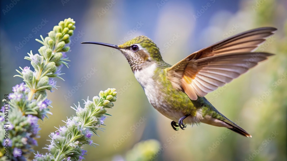Fototapeta premium Hummingbird hovers and feeds on a wormwood flower, close-up, hummingbird, bird, flower, wormwood, nature, wildlife, feeding