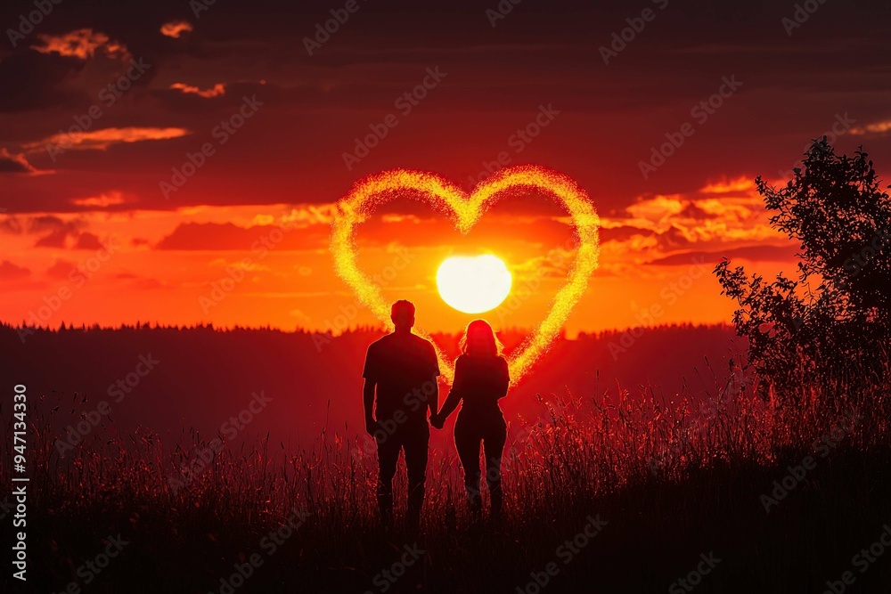 silhouette of a couple on a heart shaped sunset silhouette of a couple on a heart shaped sunset