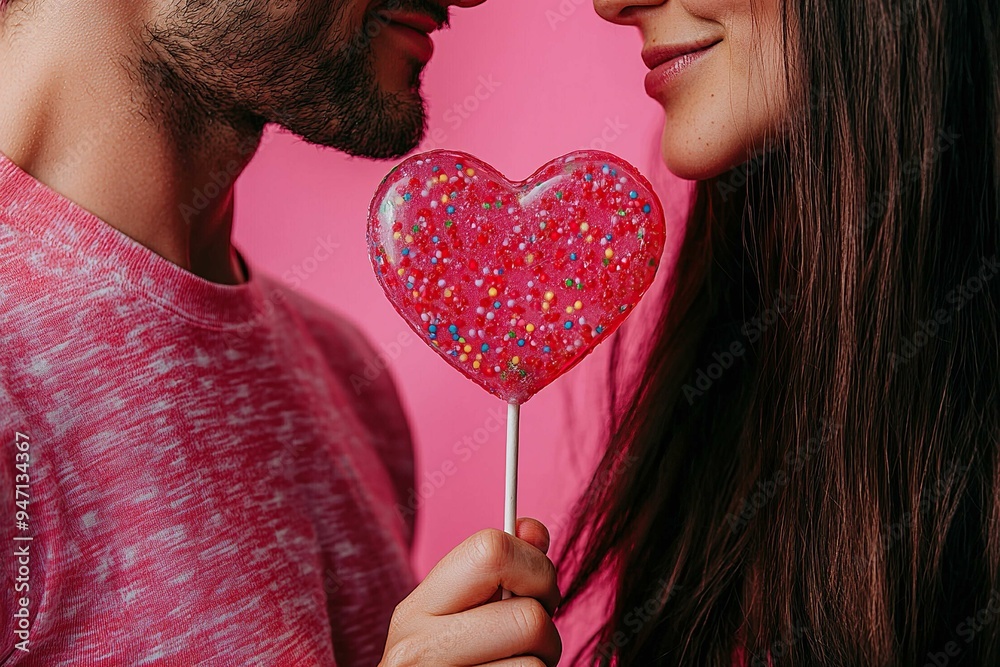 Couple sharing a heart-shaped lollipop Couple sharing a heart-shaped lollipop