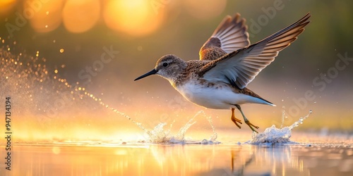 Silent flight, dawn's whisper, Temminck's Stint's shimmering feathers glisten on wet earth, misty veil dissolving, delicate legs adorned with morning dew, serene dance in nature's tapestry. photo