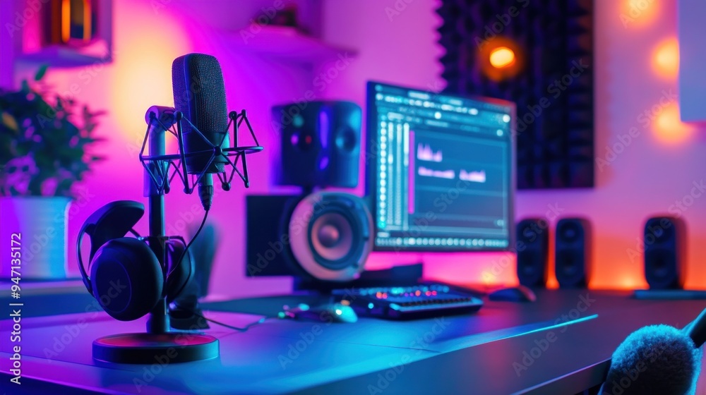 Podcast Setup with Microphone and Headphones Podcast Setup with Microphone and Headphones