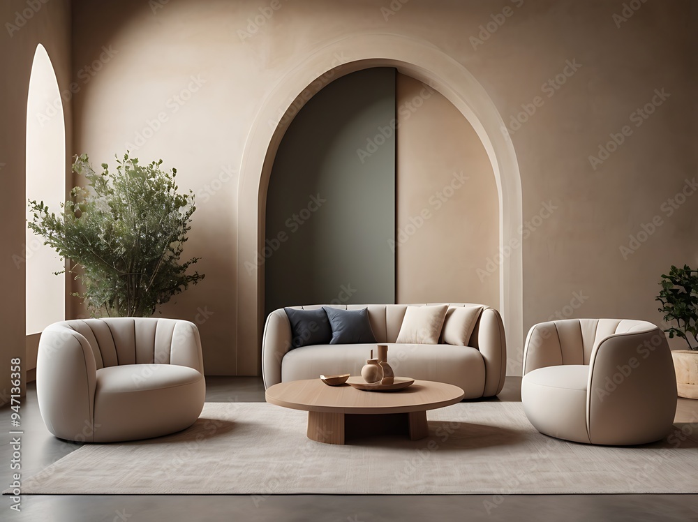 Fototapeta premium sofa and armchairs near stucco arch wall minimalist japandi interior design of modern living room