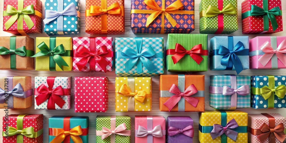 Colorful collection of gift boxes with various patterns and bows , gift, boxes, colorful, collection, patterns Colorful collection of gift boxes with various patterns and bows , gift, boxes, colorful, collection, patterns