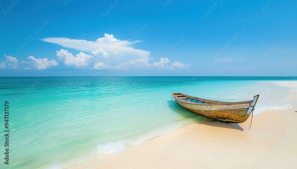 Boat on the beach, blue sky beach view Boat on the beach, blue sky beach view