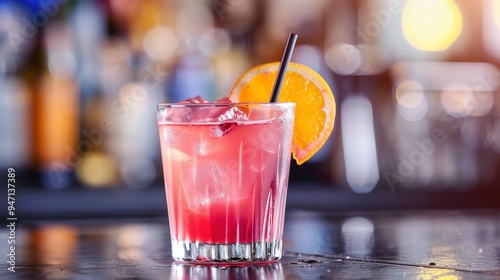 A Refreshing Pink Cocktail with Orange and Ice in a Glass