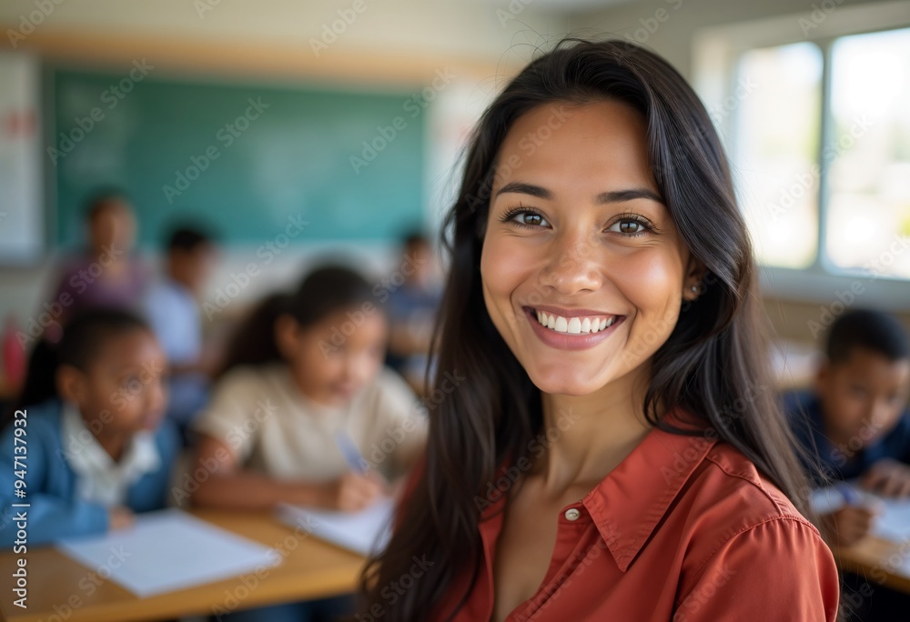 Happy Native American teacher smiling in classroom on World Teachers' Day Happy Native American teacher smiling in classroom on World Teachers' Day