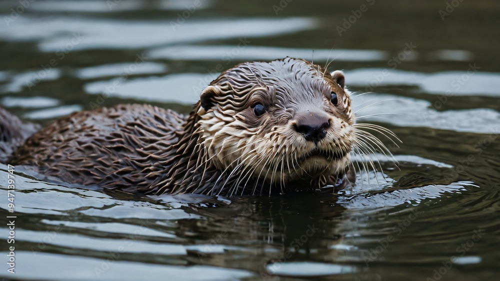 An otter floats playfully on the water's surface, gliding effortlessly. Its fur glistens as sunlight hits the water, creating a serene atmosphere, perfect for relaxation An otter floats playfully on the water's surface, gliding effortlessly. Its fur glistens as sunlight hits the water, creating a serene atmosphere, perfect for relaxation