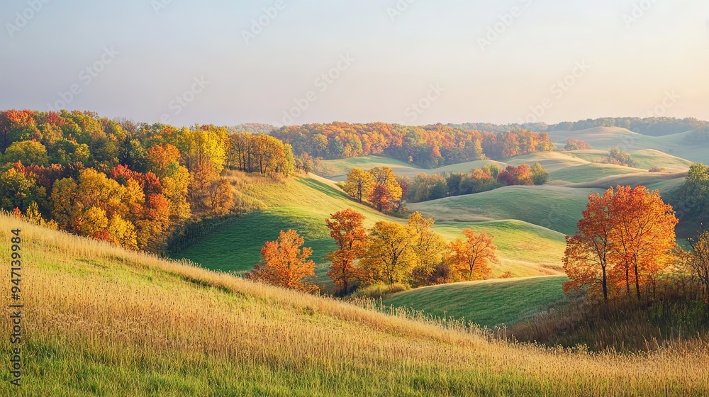 Fototapeta premium Autumnal Rolling Hills with Golden Trees and Lush Grass