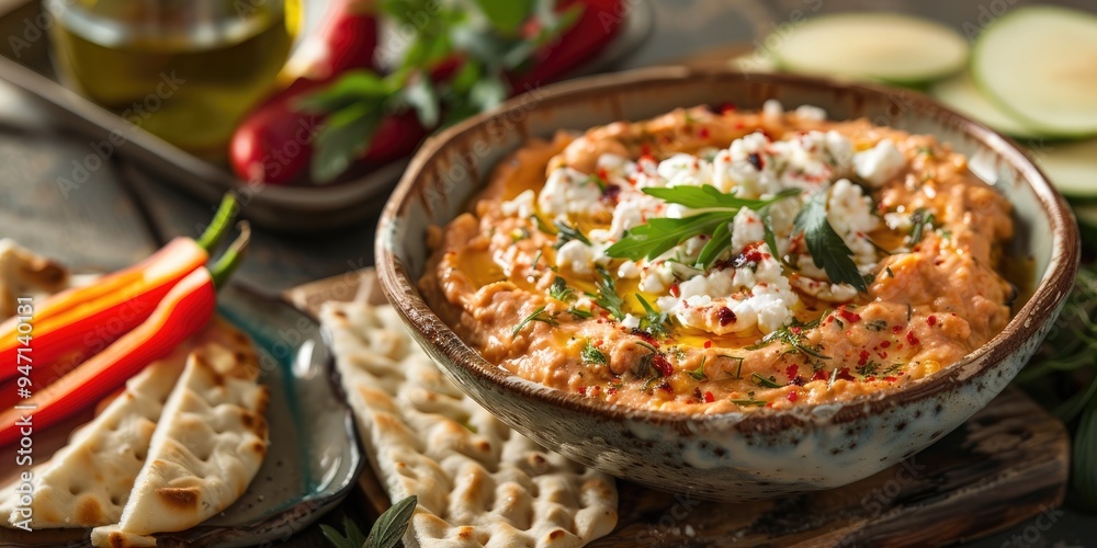 Feta Spread with Roasted Red Pepper Olive Oil and Feta Dip Accompanied by Sliced Vegetables and Flatbread Feta Spread with Roasted Red Pepper Olive Oil and Feta Dip Accompanied by Sliced Vegetables and Flatbread