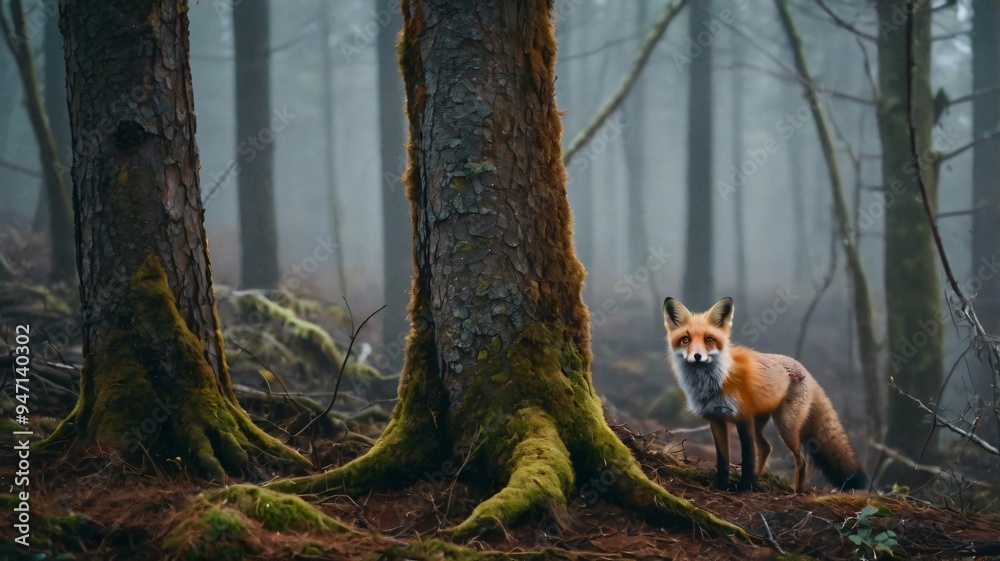 Naklejka premium red fox is curiously peeking out from behind large trees in a foggy forest. The serene atmosphere suggests a calm early morning, showcasing their natural habitat