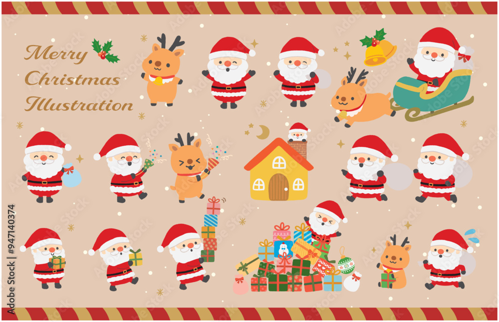 Fototapeta premium クリスマスのサンタクロースとトナカイのイラスト