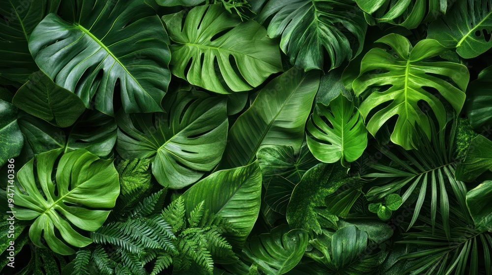 A lush and vibrant background of tropical leaves A lush and vibrant background of tropical leaves
