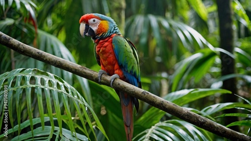 A colorful tropical parrot sits on a branch, surrounded by dense green foliage in a humid rainforest. The vivid plumage adds color to the serene environment