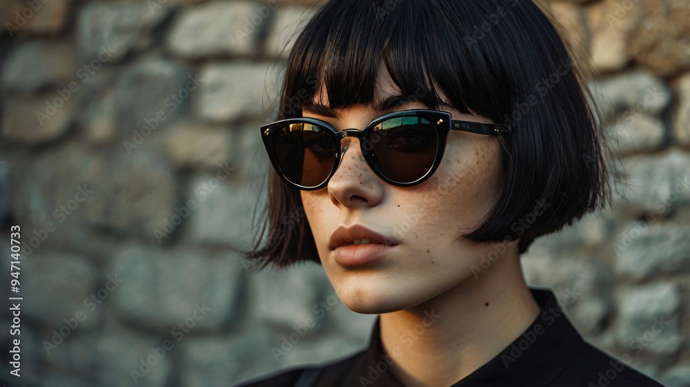 The slender Italian girl stands against a textured stone wall, her striking features highlighted by evening light. She wears stylish sunglasses and exudes a confident demeanor The slender Italian girl stands against a textured stone wall, her striking features highlighted by evening light. She wears stylish sunglasses and exudes a confident demeanor
