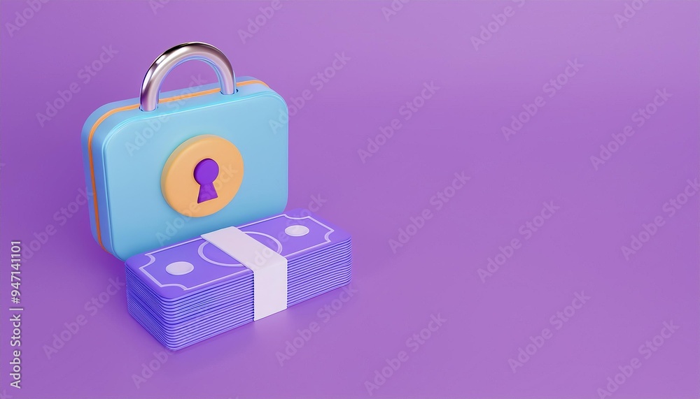 Colorful 3D illustration of a locked suitcase and stacked money on a purple background, symbolizing secure finances and savings.