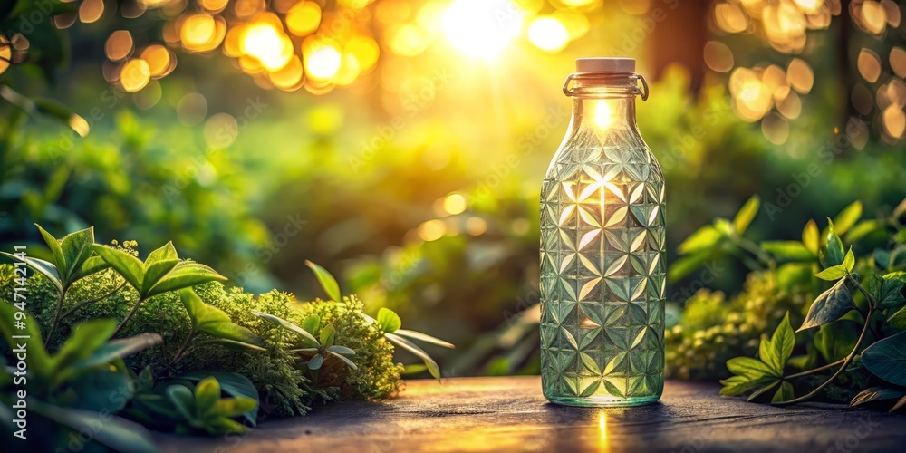 Warm golden light casts a mystical atmosphere, illuminating a vintage glass bottle with geometric pattern, as lush greenery blurs into a dreamy harmony of mint and lavender. Warm golden light casts a mystical atmosphere, illuminating a vintage glass bottle with geometric pattern, as lush greenery blurs into a dreamy harmony of mint and lavender.