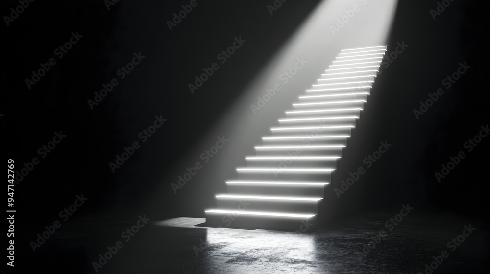 A conceptual image of a staircase made of ethereal luminous light leading upwards representing the journey towards success achievement and new opportunities The stairs seem to radiate and transcend A conceptual image of a staircase made of ethereal luminous light leading upwards representing the journey towards success achievement and new opportunities The stairs seem to radiate and transcend
