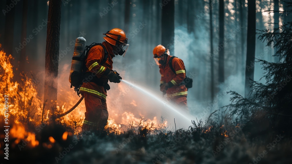 Firefighters are putting out a fire in the forest Firefighters are putting out a fire in the forest