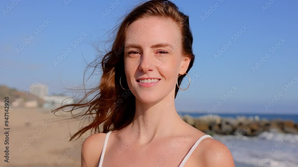 Portrait of an attractive woman at the beach at sunset. Slow Motion. Portrait of an attractive woman at the beach at sunset. Slow Motion.