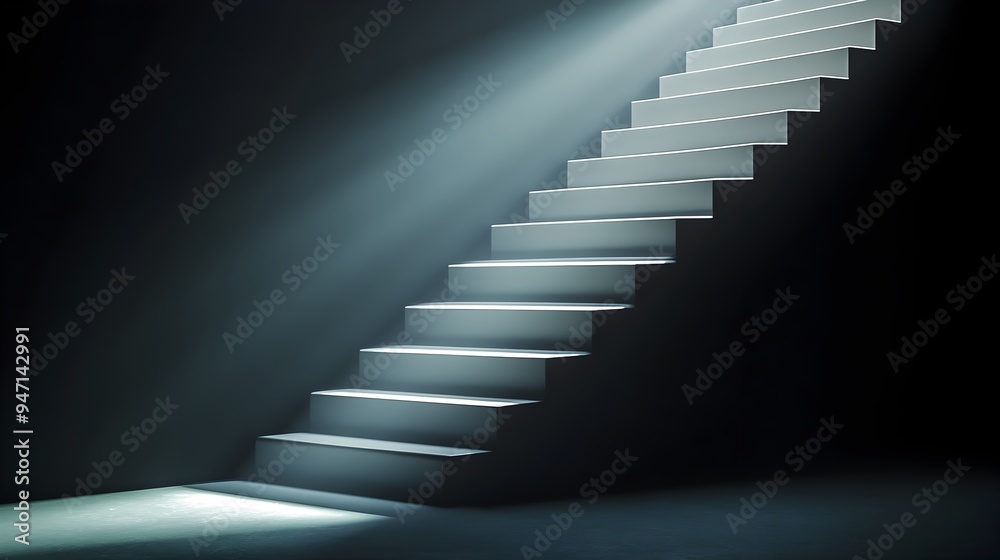 Conceptual image of a staircase made of shimmering light leading upwards representing the path to success achievement and new opportunities The minimalist Conceptual image of a staircase made of shimmering light leading upwards representing the path to success achievement and new opportunities The minimalist