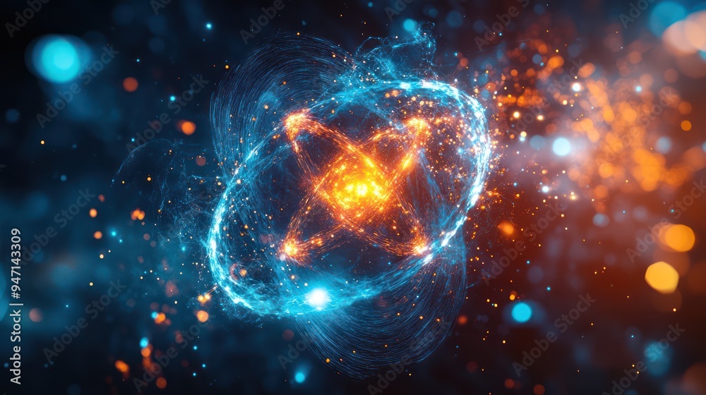 Fusion and fission processes within the atomic nucleus, visualizing energy interaction Fusion and fission processes within the atomic nucleus, visualizing energy interaction