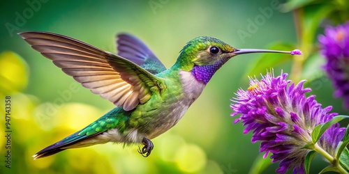 Whimsical hummingbird sips nectar from a vibrant purple flower as lush green foliage sways gently, its iridescent feathers glimmering in warm sunlight.