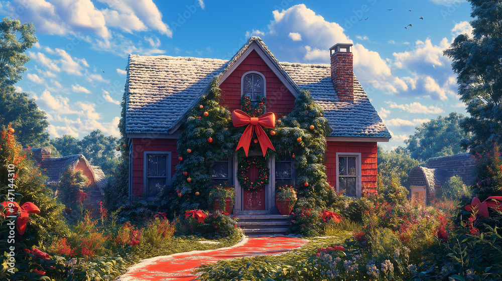 Obraz premium house as a gift with large ribbon bow, festive atmosphere, vibrant colors
