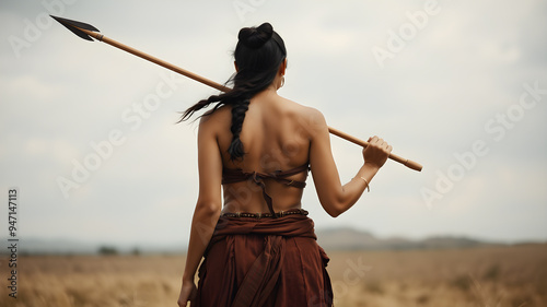 Back view of prehistoric woman with spear on hunt. Generative AI