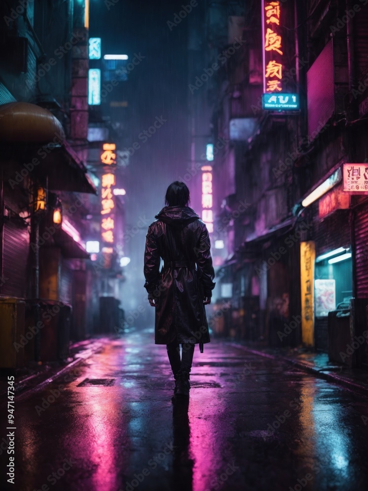 Women on Dark street in cyberpunk city with neon lighting Women on Dark street in cyberpunk city with neon lighting