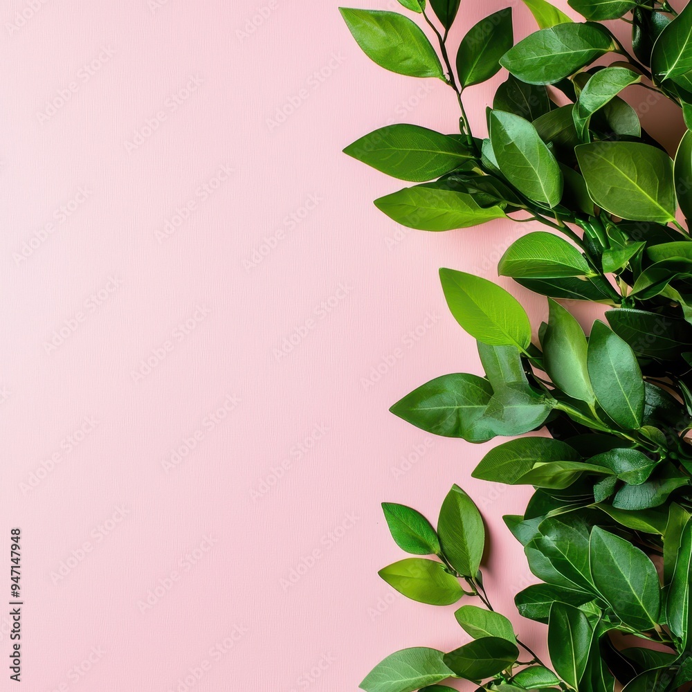 Obraz premium Minimalist Green Leaves Against a Soft Pink Background, Ideal for Nature or Botanical-Themed Designs and Content