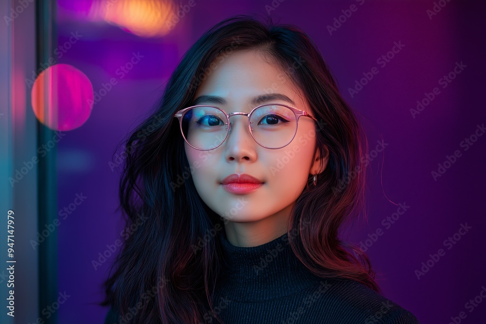 Young woman with glasses in neon light. Young woman with glasses in neon light.