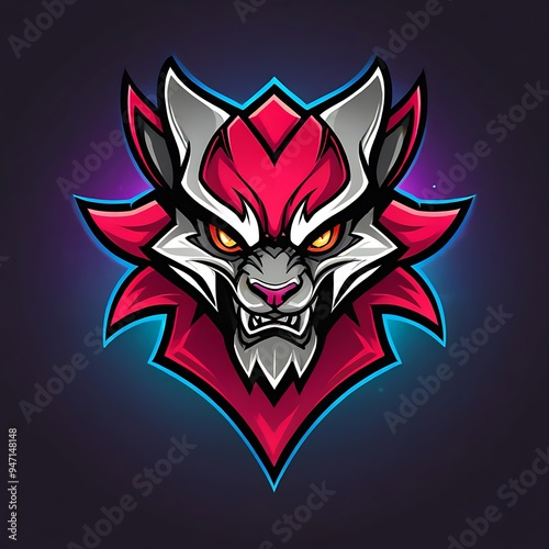 Mascot logo design eSports t-shirts, Fierce redhaired creature in yellow eyes, blue and gray armor, with a geometric background. Suitable for fantasy book covers. photo