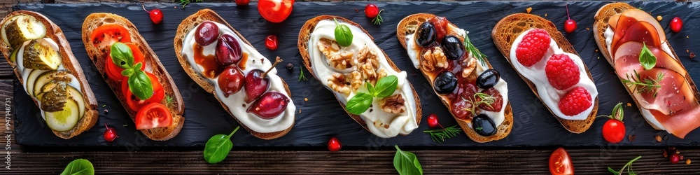 Variety of Toasts with Tasty Toppings Presented on a Dark Wooden Table Viewed from Above Variety of Toasts with Tasty Toppings Presented on a Dark Wooden Table Viewed from Above