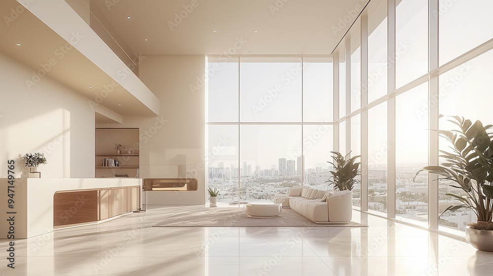 Fototapeta premium Sleek minimalist workspace featuring large glass walls, metal accents, and a neutral color palette, creating an open and airy environment