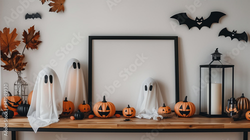 Halloween-themed mantel with jack-o'-lanterns, ghost figures, and bats