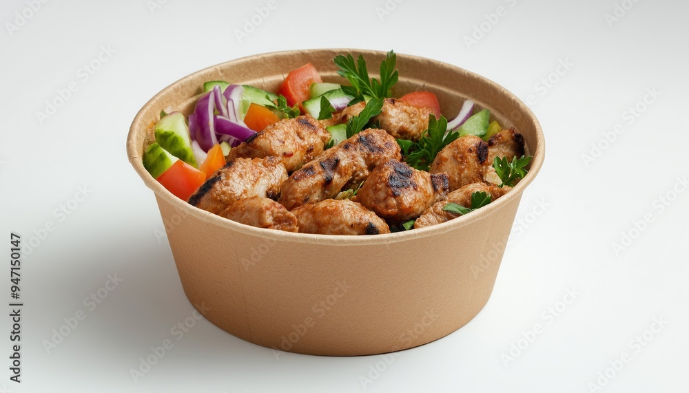 Kebab meat meal lunch on craft paper bowl disposable take away delivery food Kebab meat meal lunch on craft paper bowl disposable take away delivery food