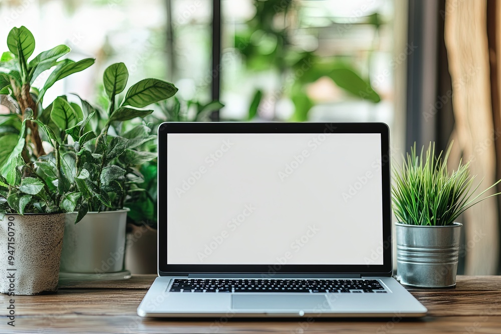 Laptop with Blank Screen on Wooden Desk with Greenery Laptop with Blank Screen on Wooden Desk with Greenery